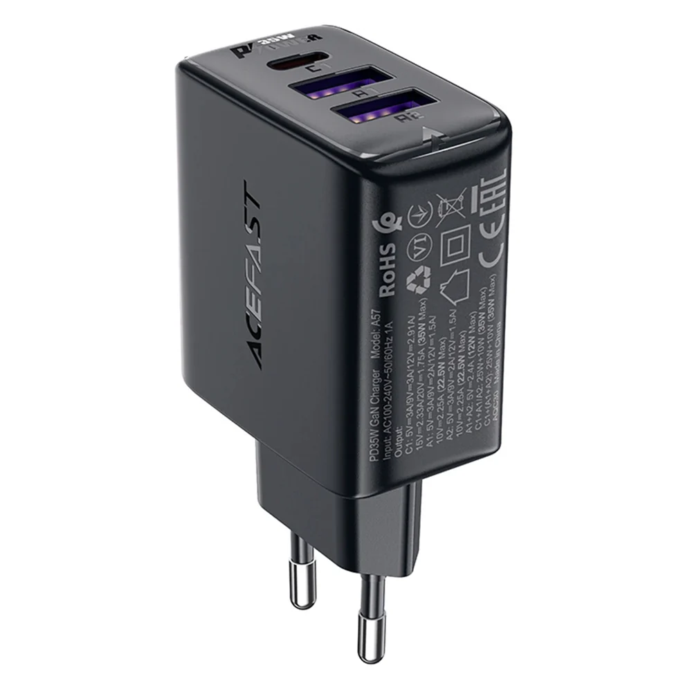 Acefast A57 Network Charger, 35W, 3A, 2 x USB-A - 1 x USB-C, Black - Image 3