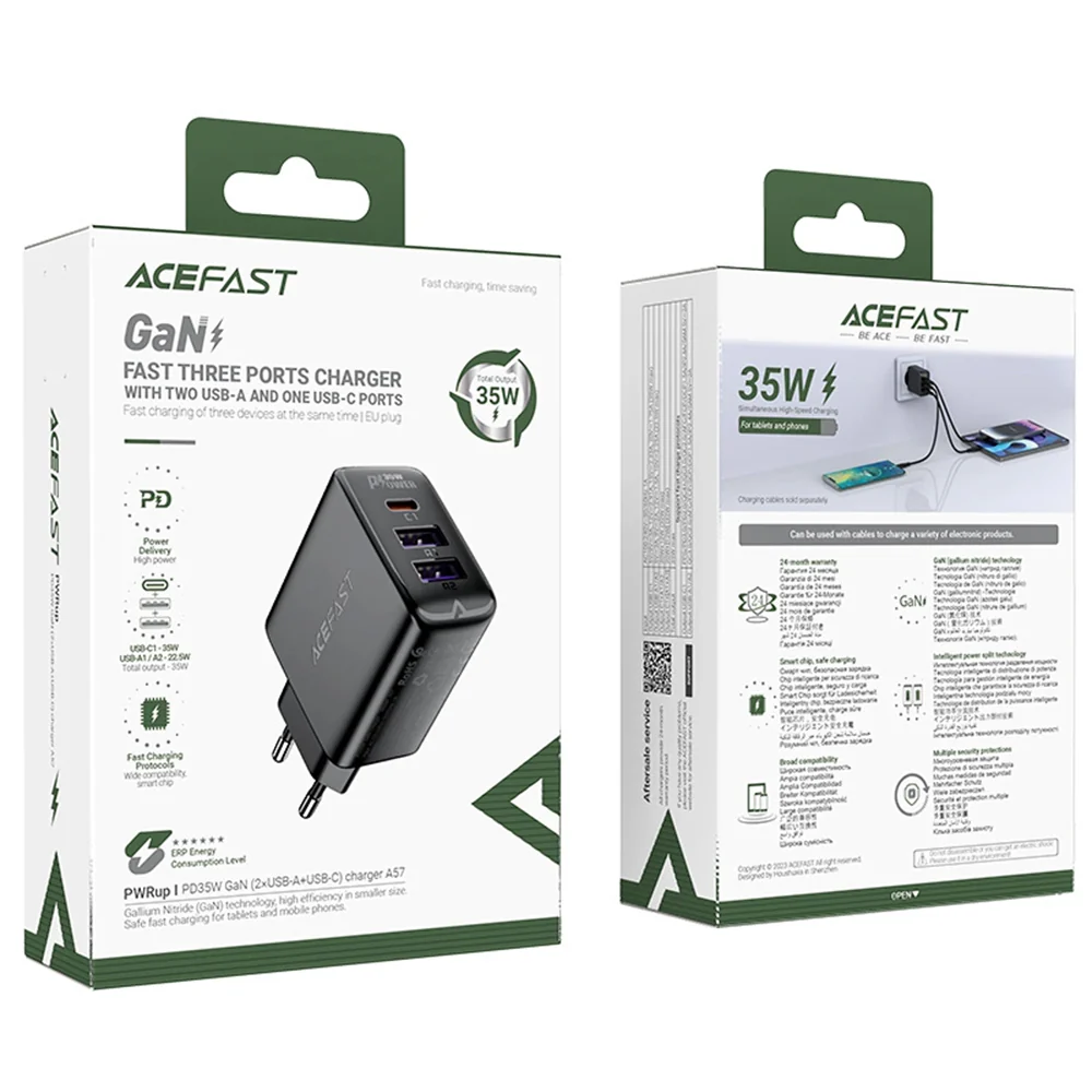 Acefast A57 Network Charger, 35W, 3A, 2 x USB-A - 1 x USB-C, Black - Image 7