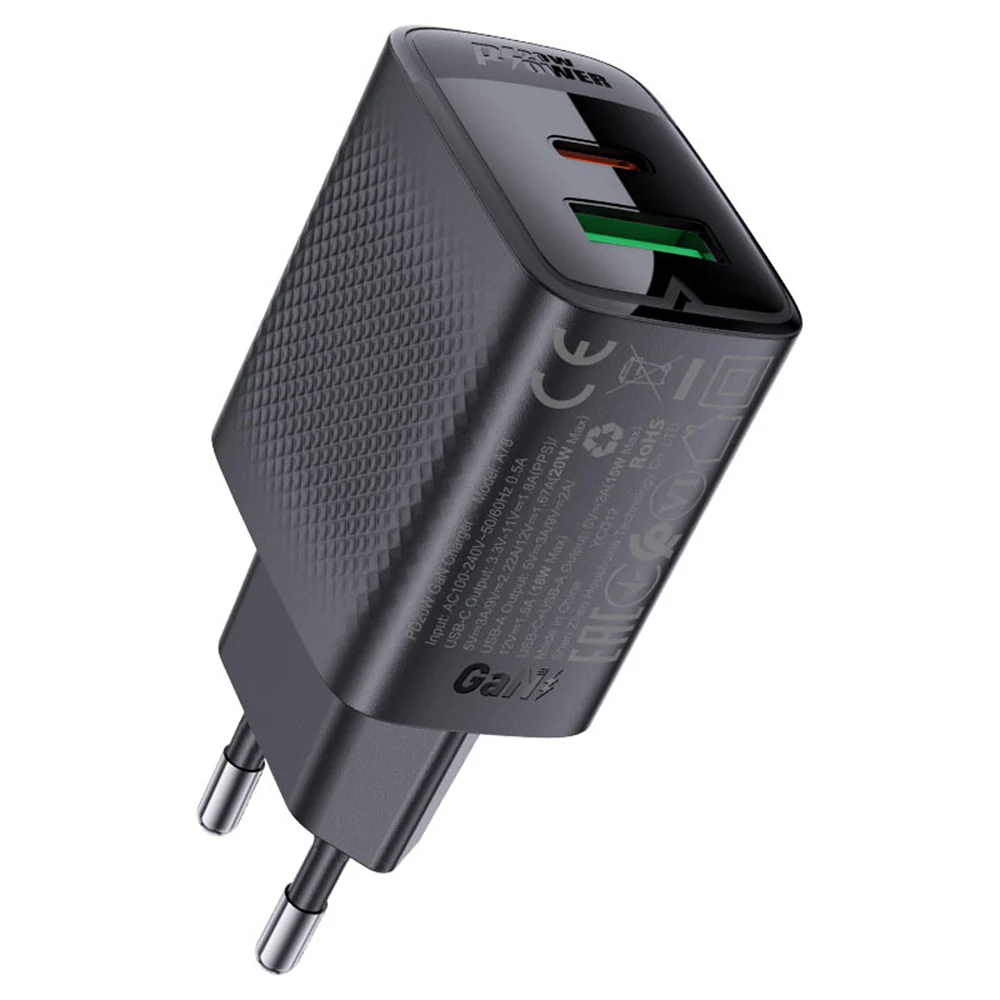 Acefast A78 Network Charger, 20W, 3A, 1 x USB-A - 1 x USB-C, Black - Image 2