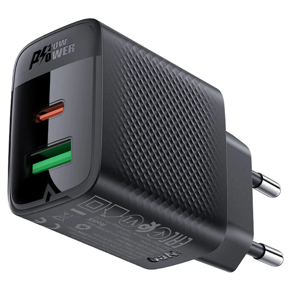Acefast A78 Network Charger, 20W, 3A, 1 x USB-A - 1 x USB-C, Black - Image 3