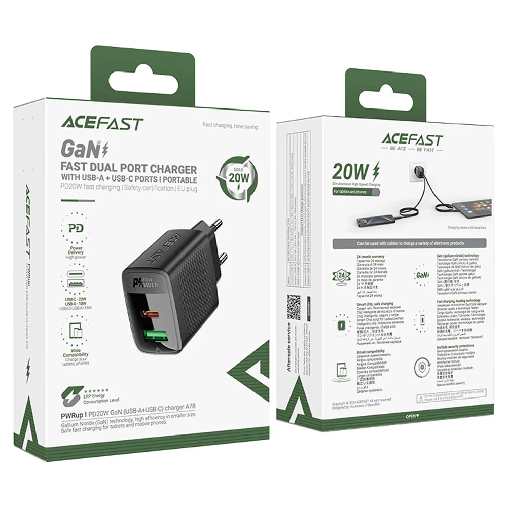 Acefast A78 Network Charger, 20W, 3A, 1 x USB-A - 1 x USB-C, Black - Image 7