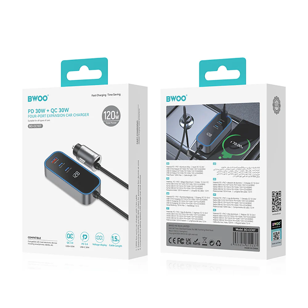 BWOO CC107 Car Charger Display, 120W, 3A, 2 x USB-A - 2 x USB-C, Black - Image 4