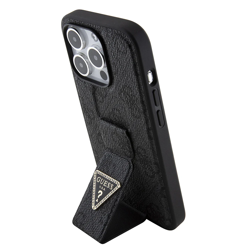 Case for Apple iPhone 15 Pro, Guess, Grip Stand 4G Triangle Strass, Black - Image 3
