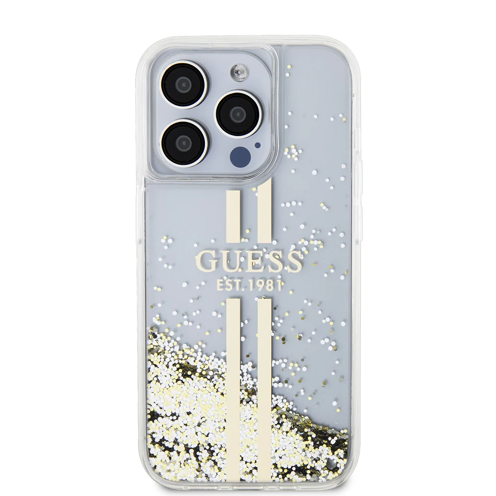 Case for Apple iPhone 15 Pro, Guess, Liquid Glitter Gold Stripes, Transparent - Image 2