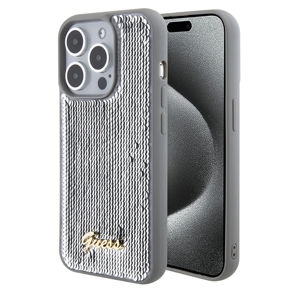 Case for Apple iPhone 15 Pro Max, Guess, Sequin Script Metal, Silver