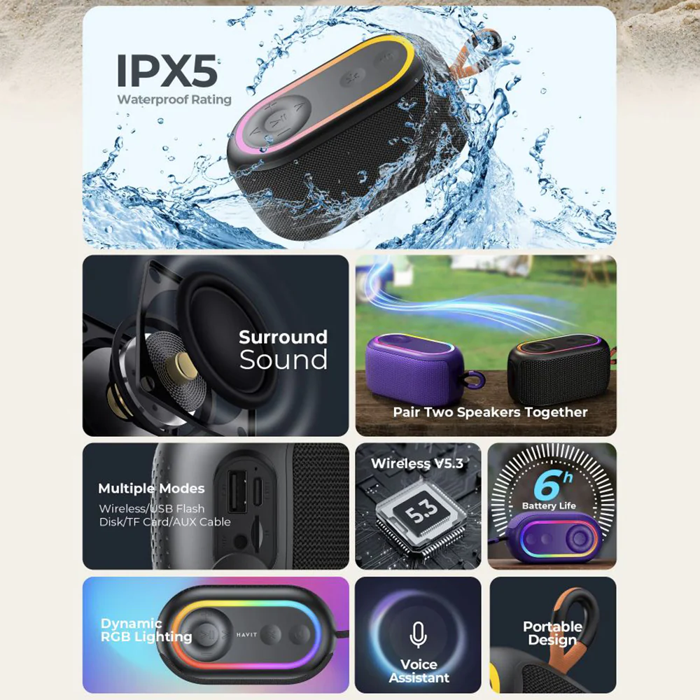 HAVIT SK809BT Portable Bluetooth Speaker, 7W, RGB, Waterproof, Purple - Image 7