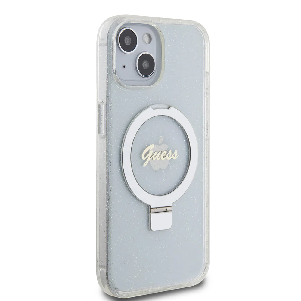 MagSafe Case for Apple iPhone 15, Guess, Ring Stand Script Glitter, Transparent - Image 4