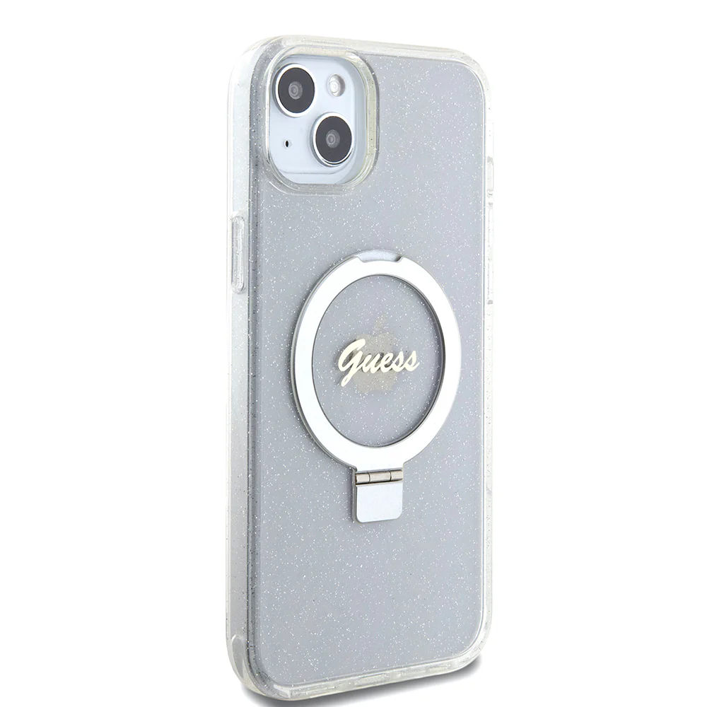 MagSafe Case for Apple iPhone 15 Plus, Guess, Ring Stand Script Glitter, Transparent - Image 4