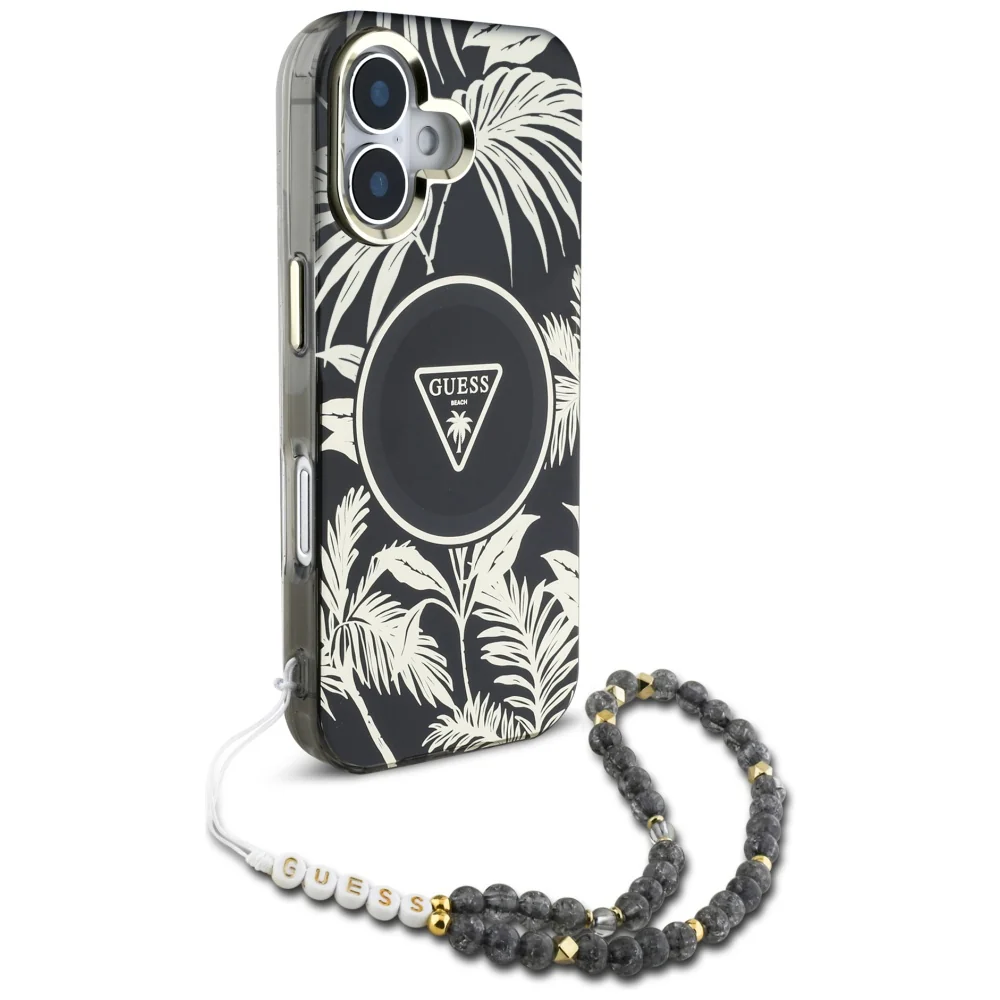 MagSafe Case for Apple iPhone 16, Guess, IML Palm Trees Triangle with Pearl Strap, Black - Image 2