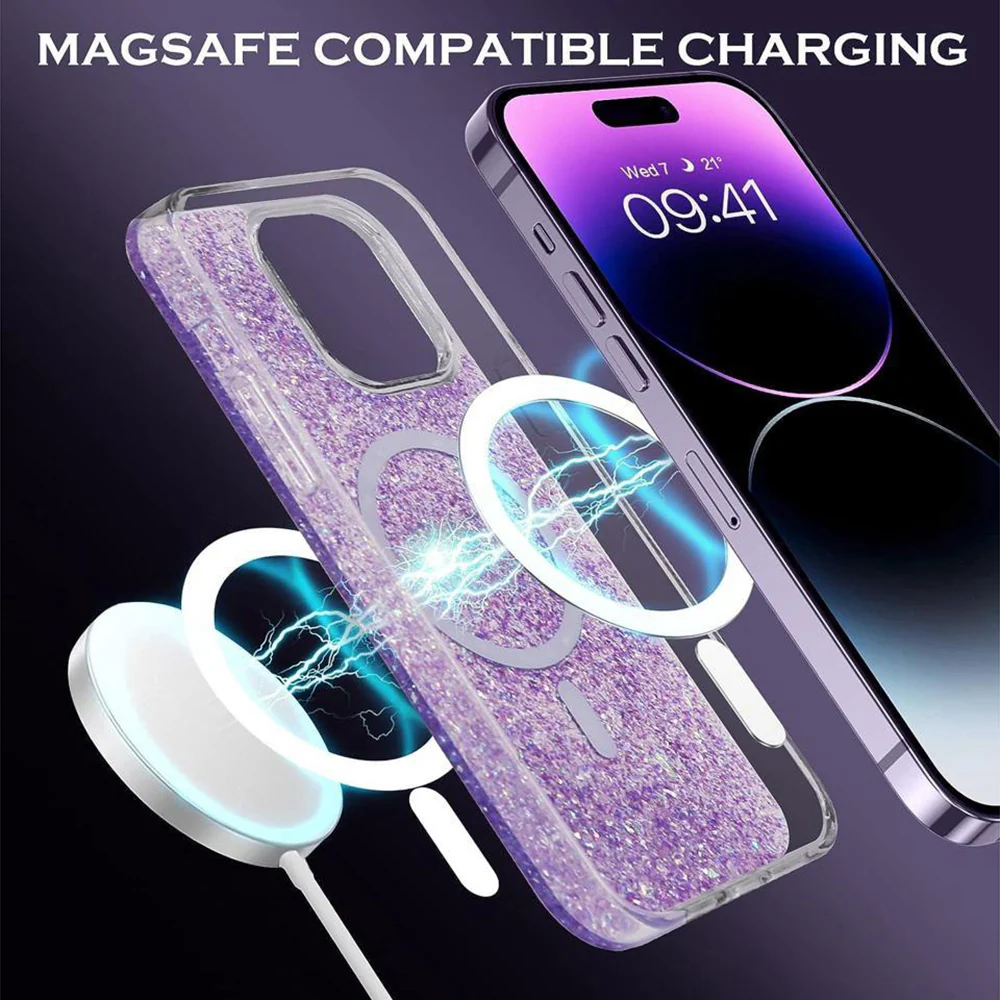MagSafe Case for Apple iPhone 16 Pro, Techsuit, Sparkly Glitter, Magenta - Image 3