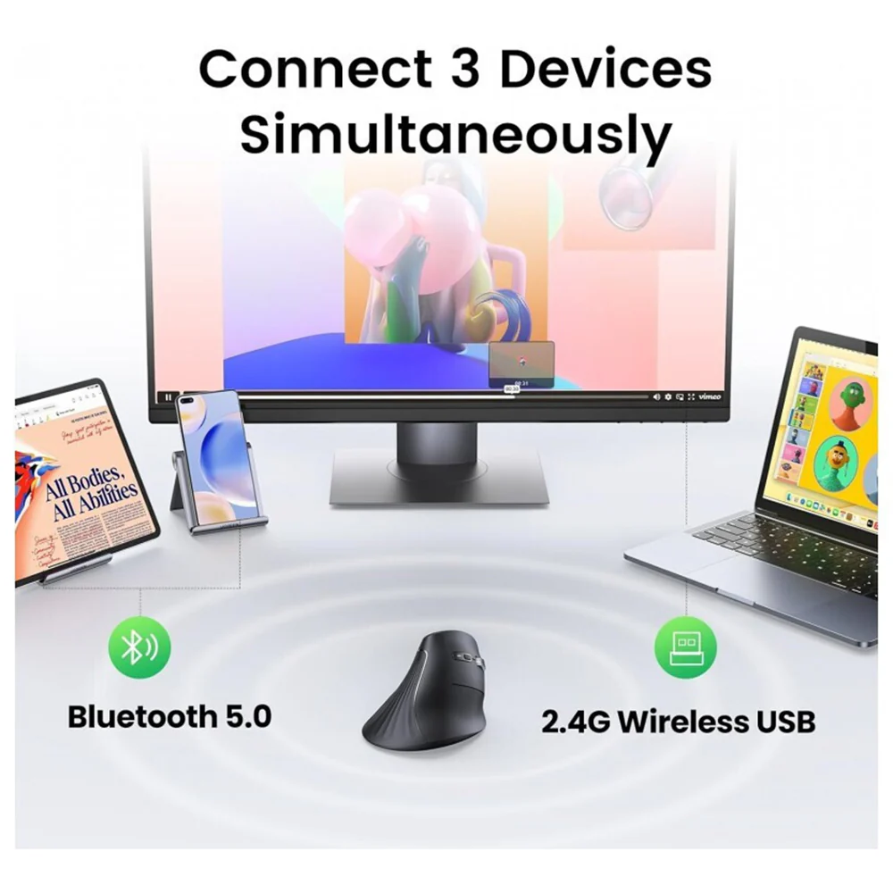 UGREEN MU008 Wireless Mouse, 4000DPI, BT / Wi-Fi, Black - Image 5