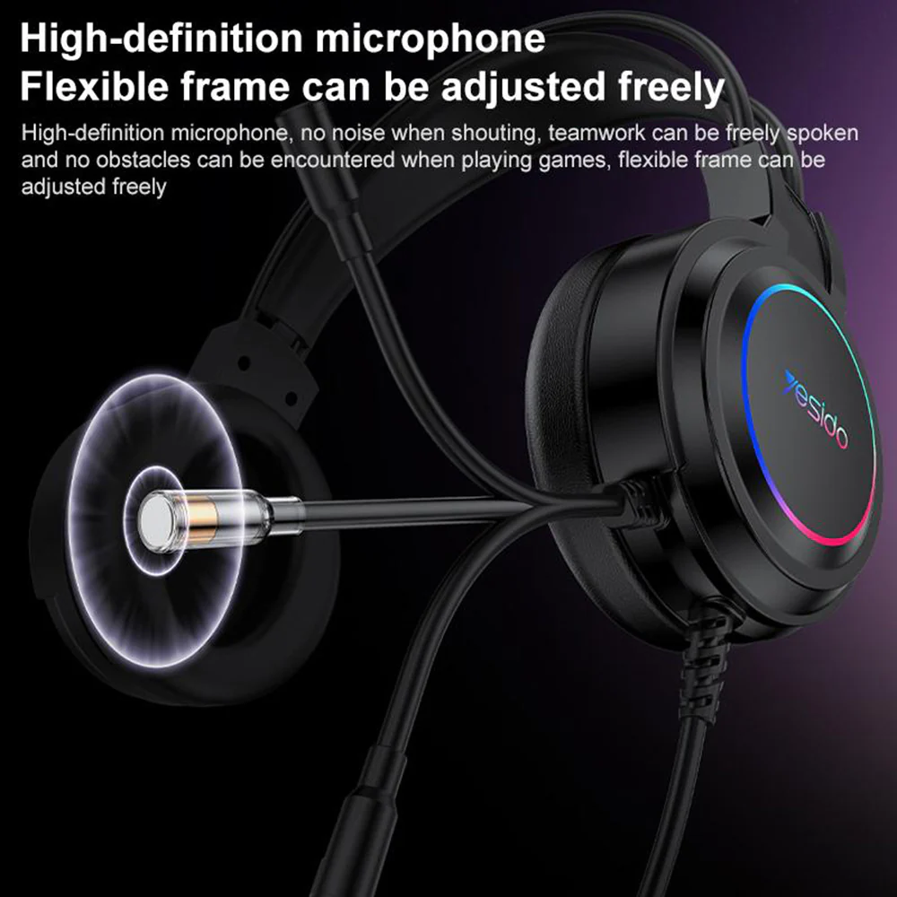 USB Gaming Headphones Yesido EK05, RGB, 1.2m, Black - Image 3
