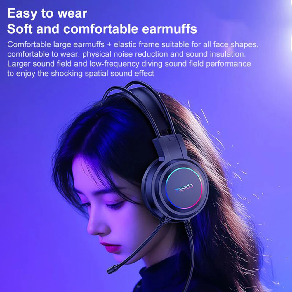 USB Gaming Headphones Yesido EK05, RGB, 1.2m, Black - Image 7